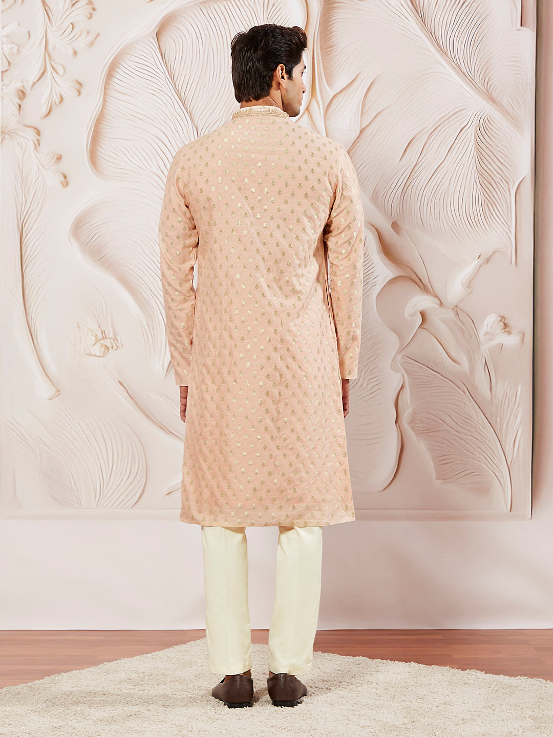 Sarvati Men's Peach Silk Blend Kurta Pyjama Set