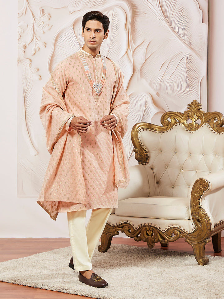 Sarvati Men's Peach Silk Blend Kurta Pyjama Set