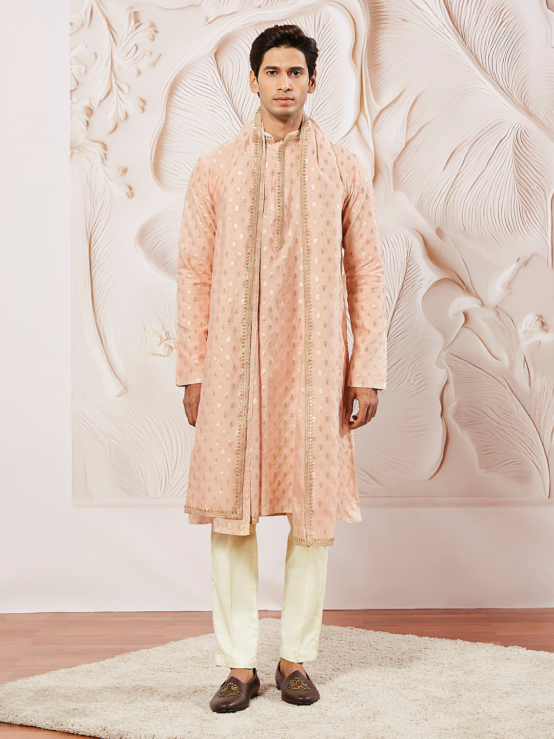 Sarvati Men's Peach Silk Blend Kurta Pyjama Set