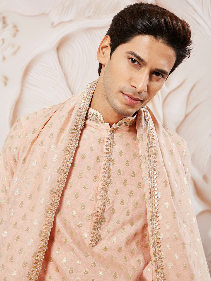 Sarvati Men's Peach Silk Blend Kurta Pyjama Set