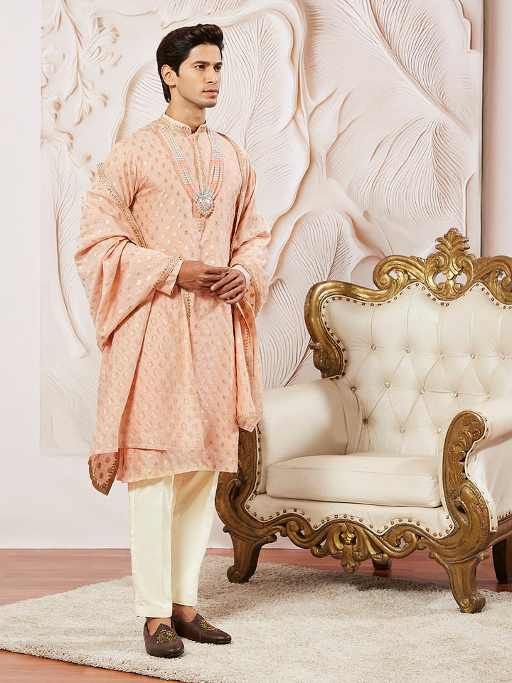 Sarvati Men's Peach Silk Blend Kurta Pyjama Set