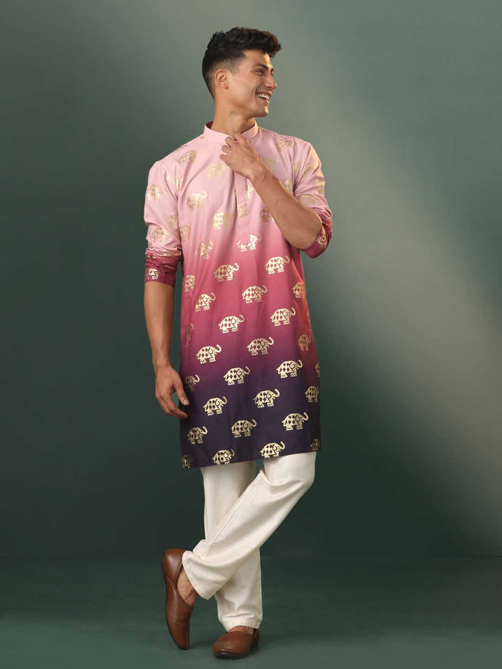 Sarvati Men's Ombre Elephant Motif Print Cotton Blend Kurta Pyjama Set