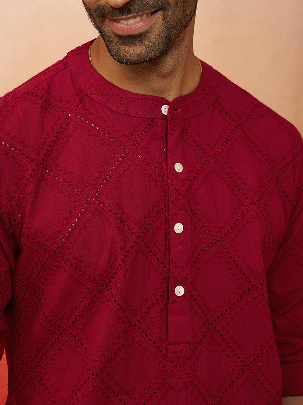 Men Red Cotton Band Collar Kurta