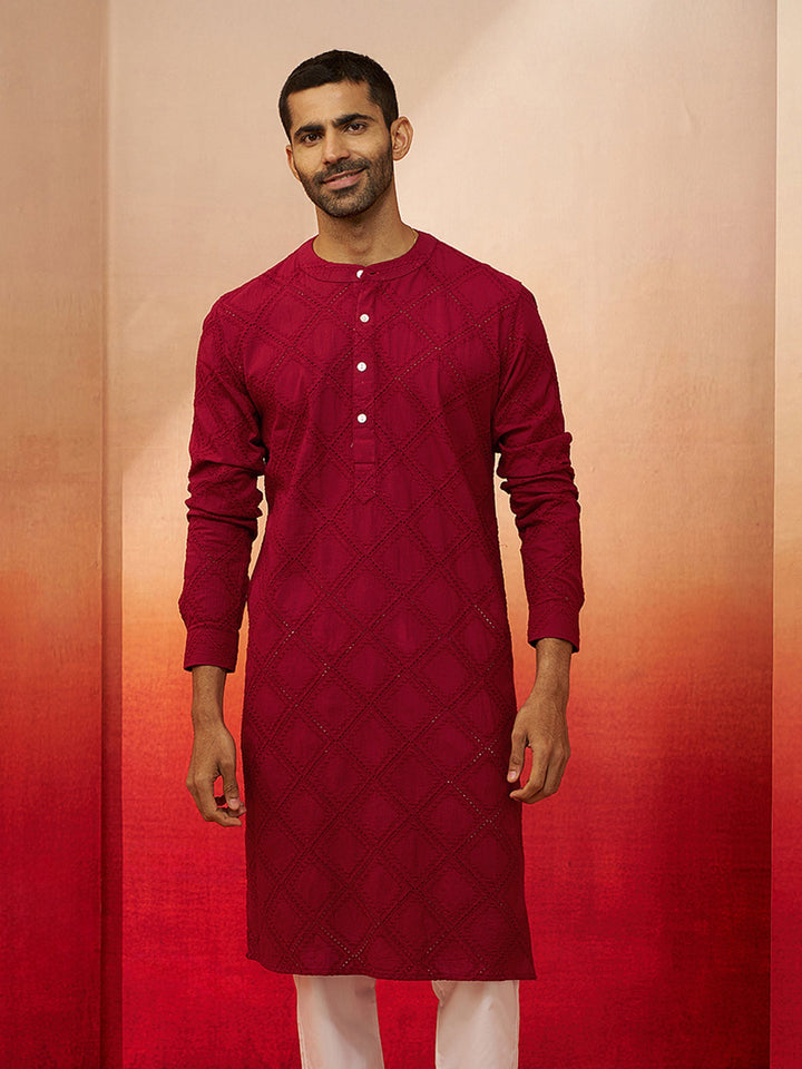 Men Red Cotton Band Collar Kurta