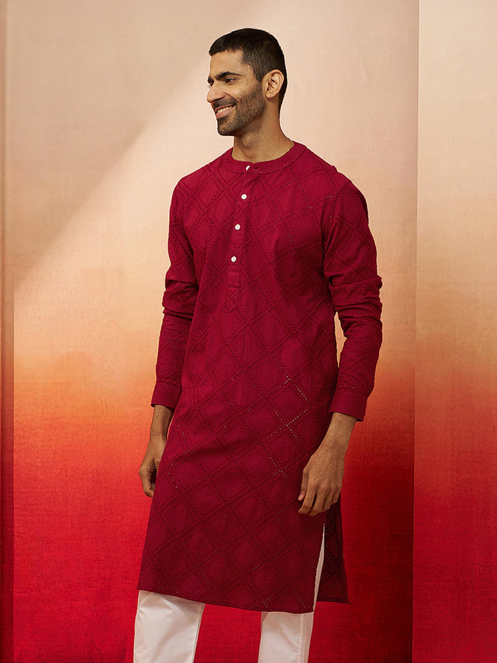 Men Red Cotton Band Collar Kurta