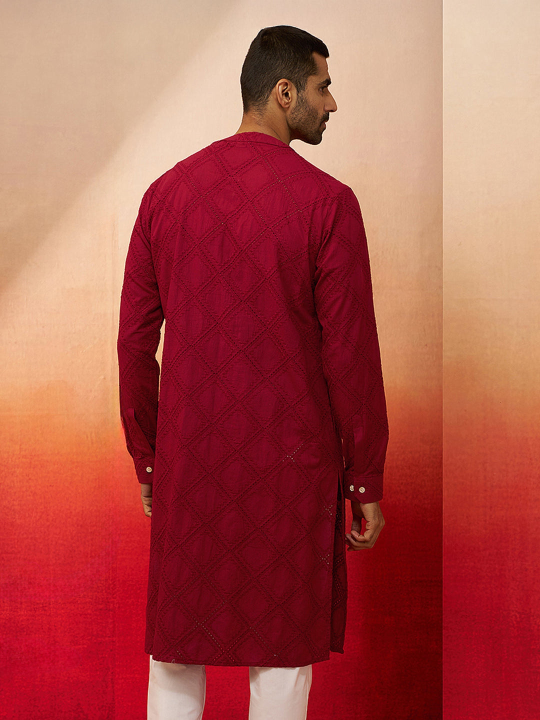 Men Red Cotton Band Collar Kurta