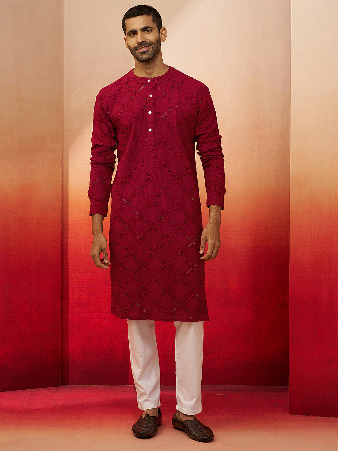 Men Red Cotton Band Collar Kurta