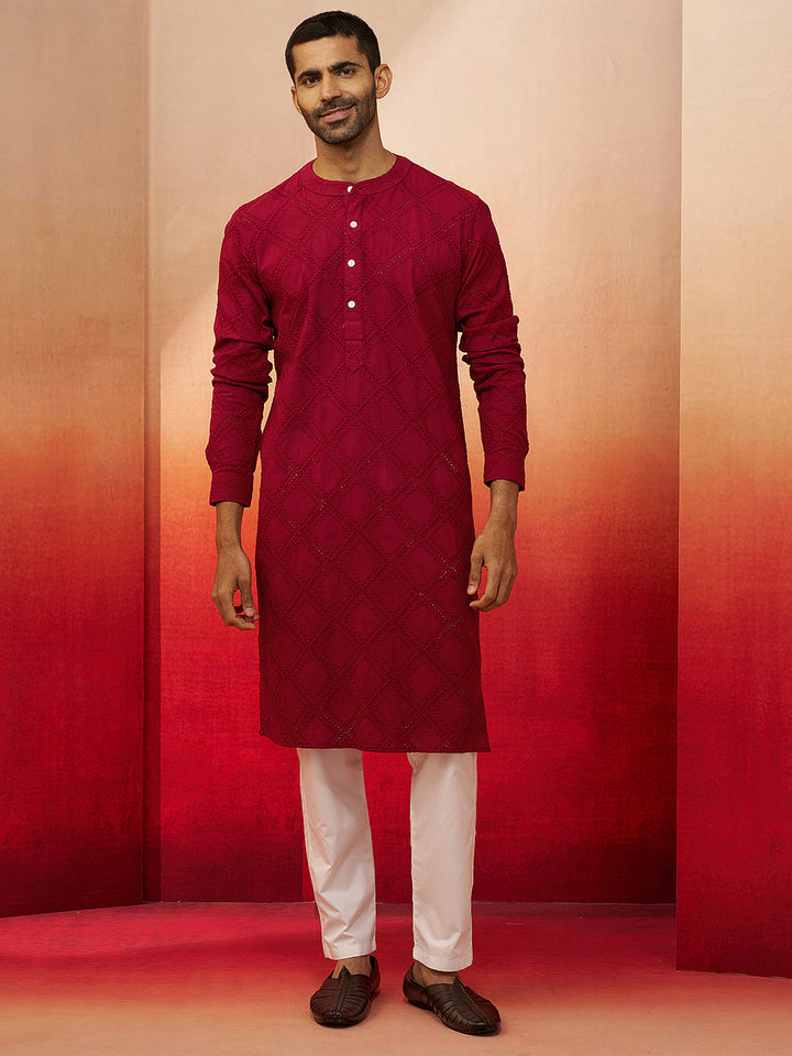 Men Red Cotton Band Collar Kurta