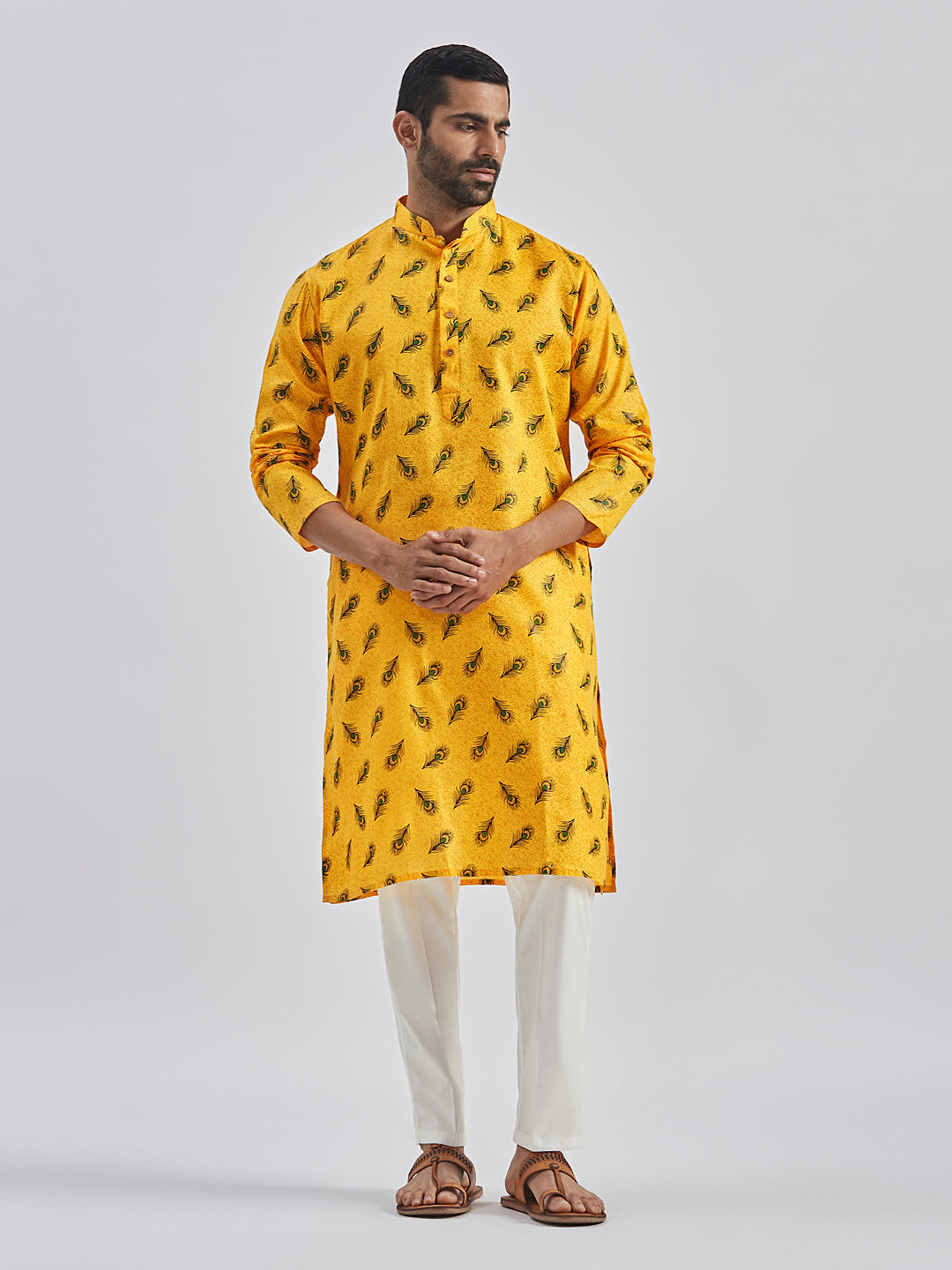 Sarvati Men's Yellow Muslin Cotton Kurta Pyjama Set