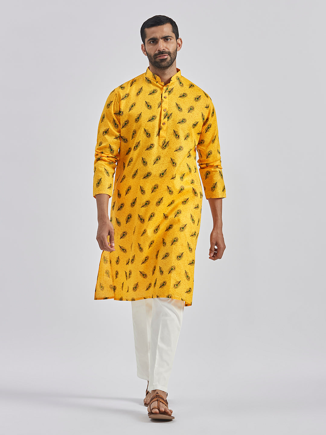 Sarvati Men's Yellow Muslin Cotton Kurta Pyjama Set