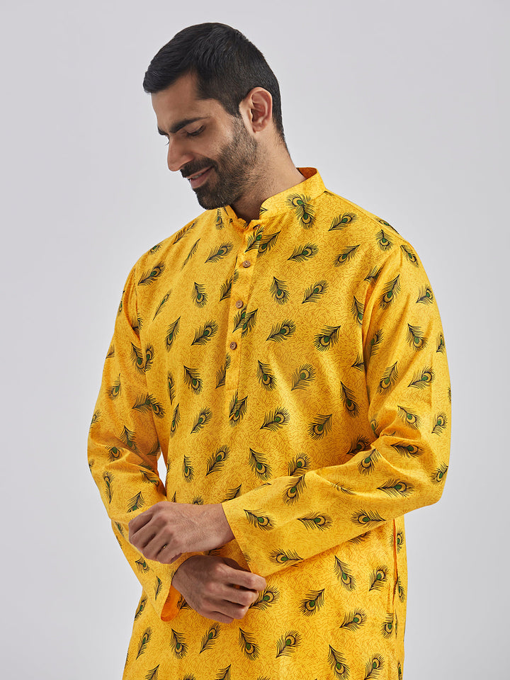 Sarvati Men's Yellow Muslin Cotton Kurta Pyjama Set