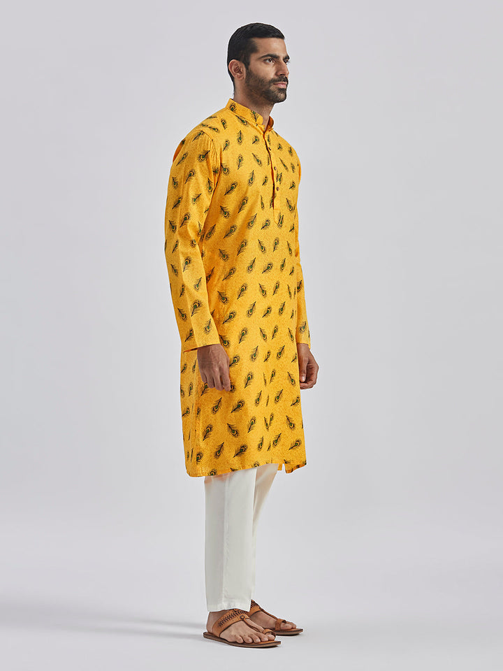 Sarvati Men's Yellow Muslin Cotton Kurta Pyjama Set