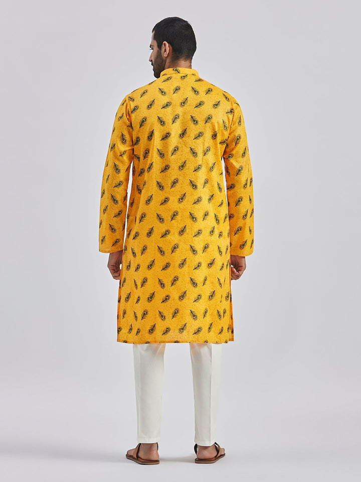 Sarvati Men's Yellow Muslin Cotton Kurta Pyjama Set