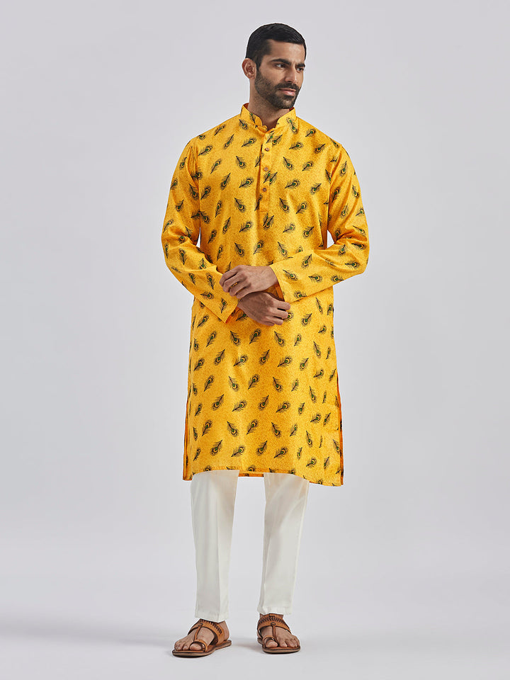 Sarvati Men's Yellow Muslin Cotton Kurta Pyjama Set