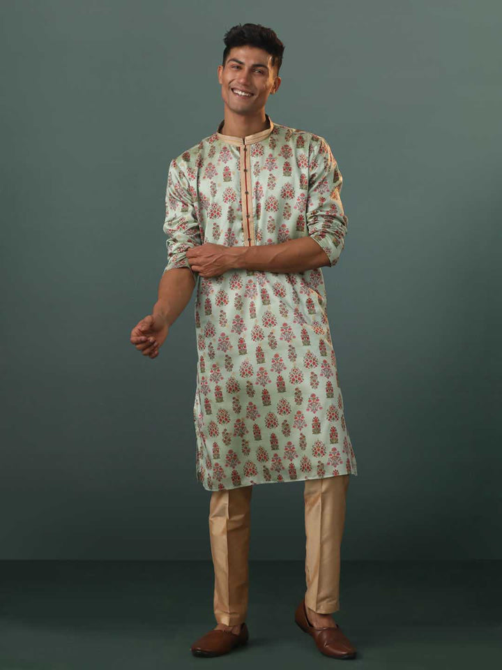 Sarvati Men's Aqua Silk Blend Floral Printed Kurta With Pant Set