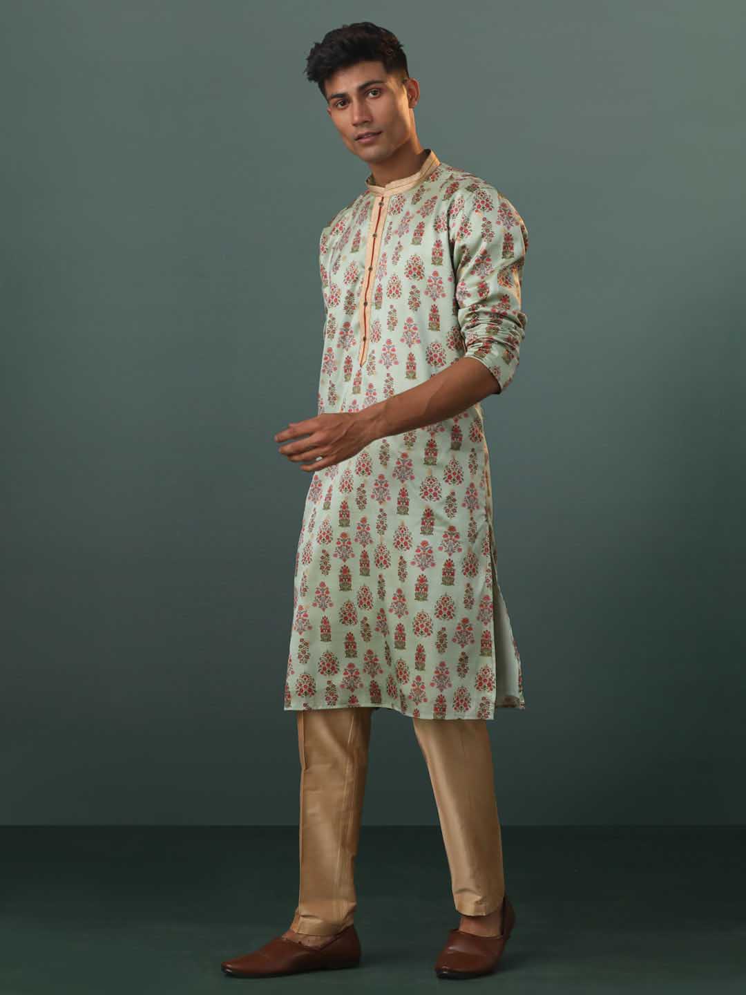 Sarvati Men's Aqua Silk Blend Floral Printed Kurta With Pant Set