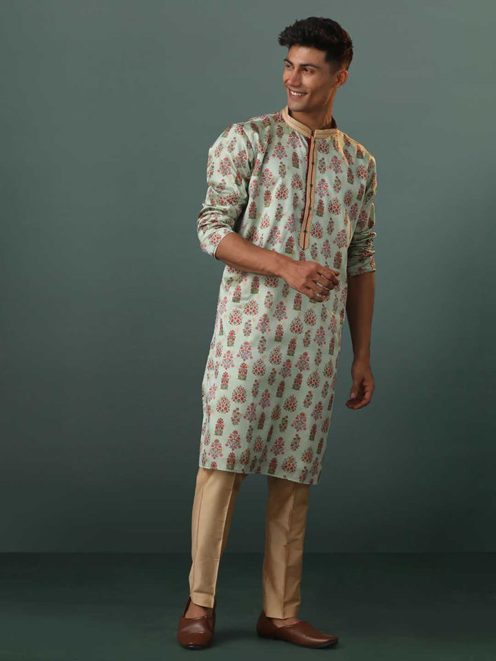 Sarvati Men's Aqua Silk Blend Floral Printed Kurta With Pant Set