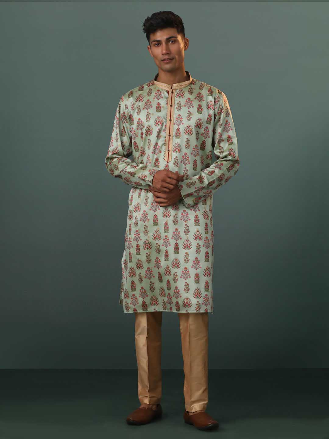 Sarvati Men's Aqua Silk Blend Floral Printed Kurta With Pant Set