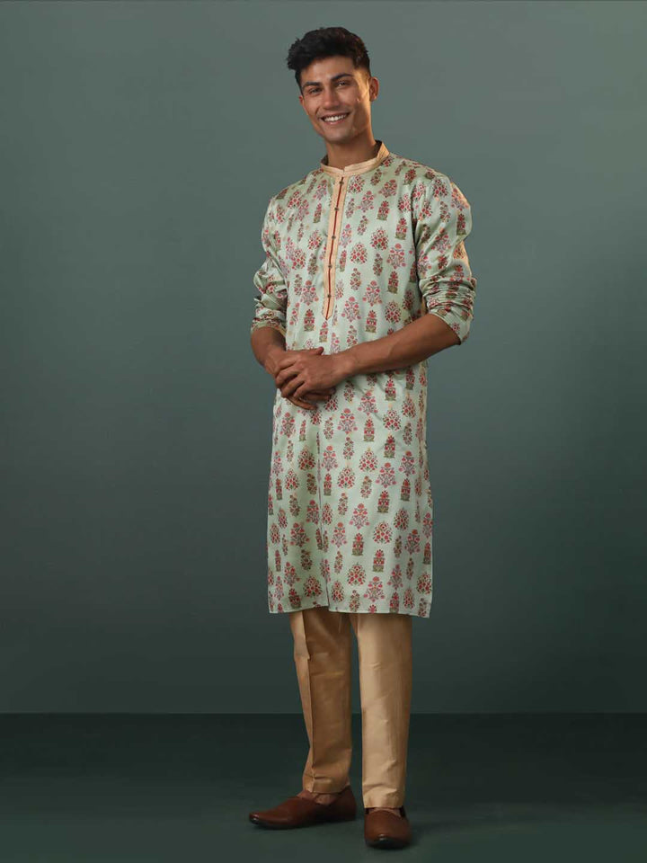 Sarvati Men's Aqua Silk Blend Floral Printed Kurta With Pant Set