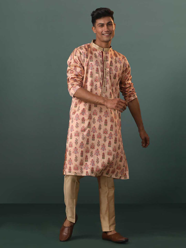 Sarvati Men's Peach Silk Blend Floral Printed Kurta With Pant Set