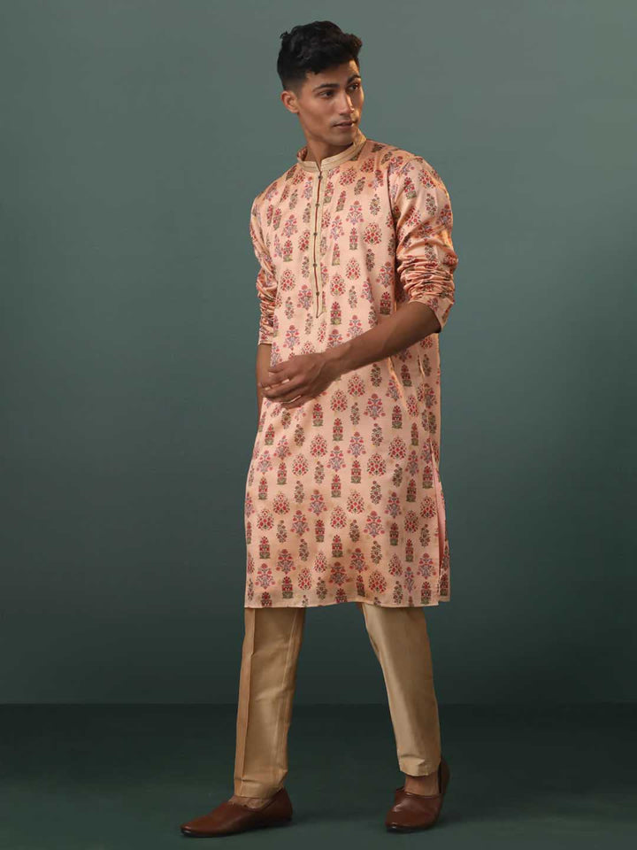 Sarvati Men's Peach Silk Blend Floral Printed Kurta With Pant Set