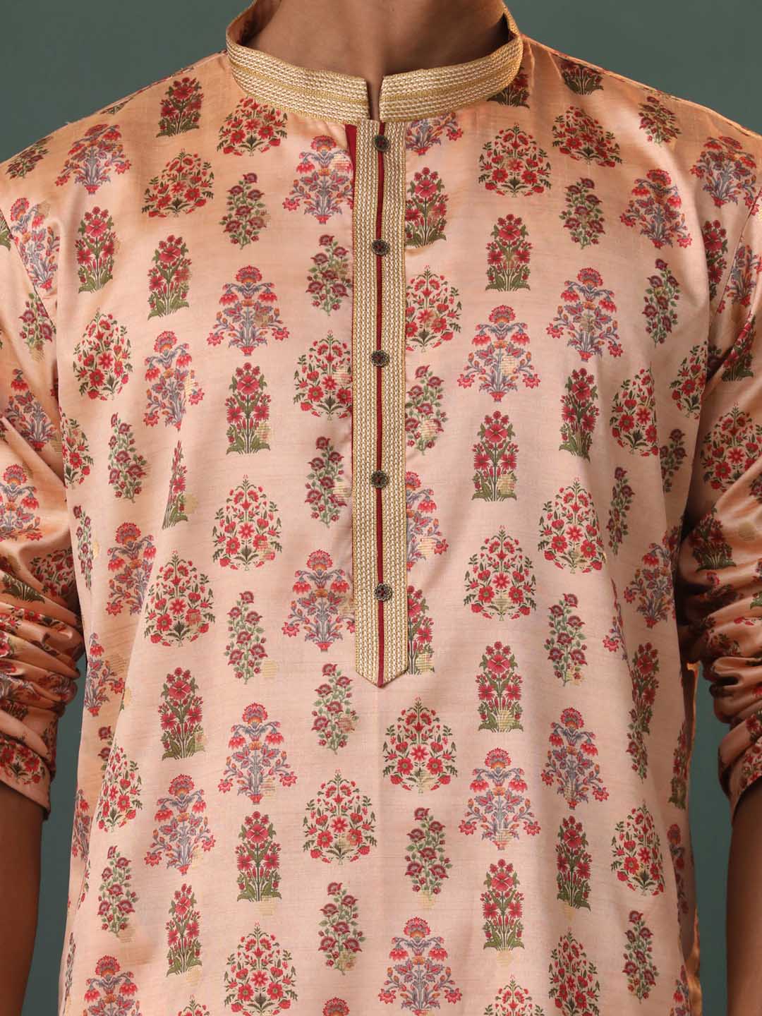 Sarvati Men's Peach Silk Blend Floral Printed Kurta With Pant Set