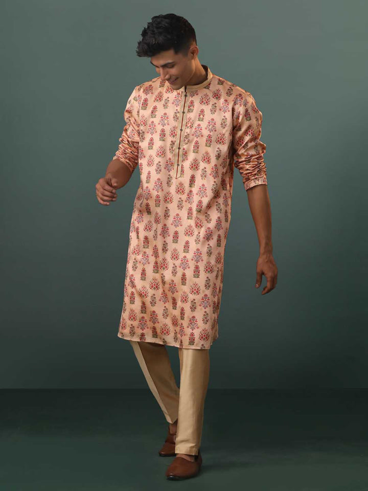 Sarvati Men's Peach Silk Blend Floral Printed Kurta With Pant Set