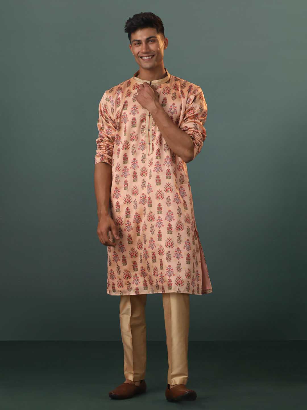 Sarvati Men's Peach Silk Blend Floral Printed Kurta With Pant Set