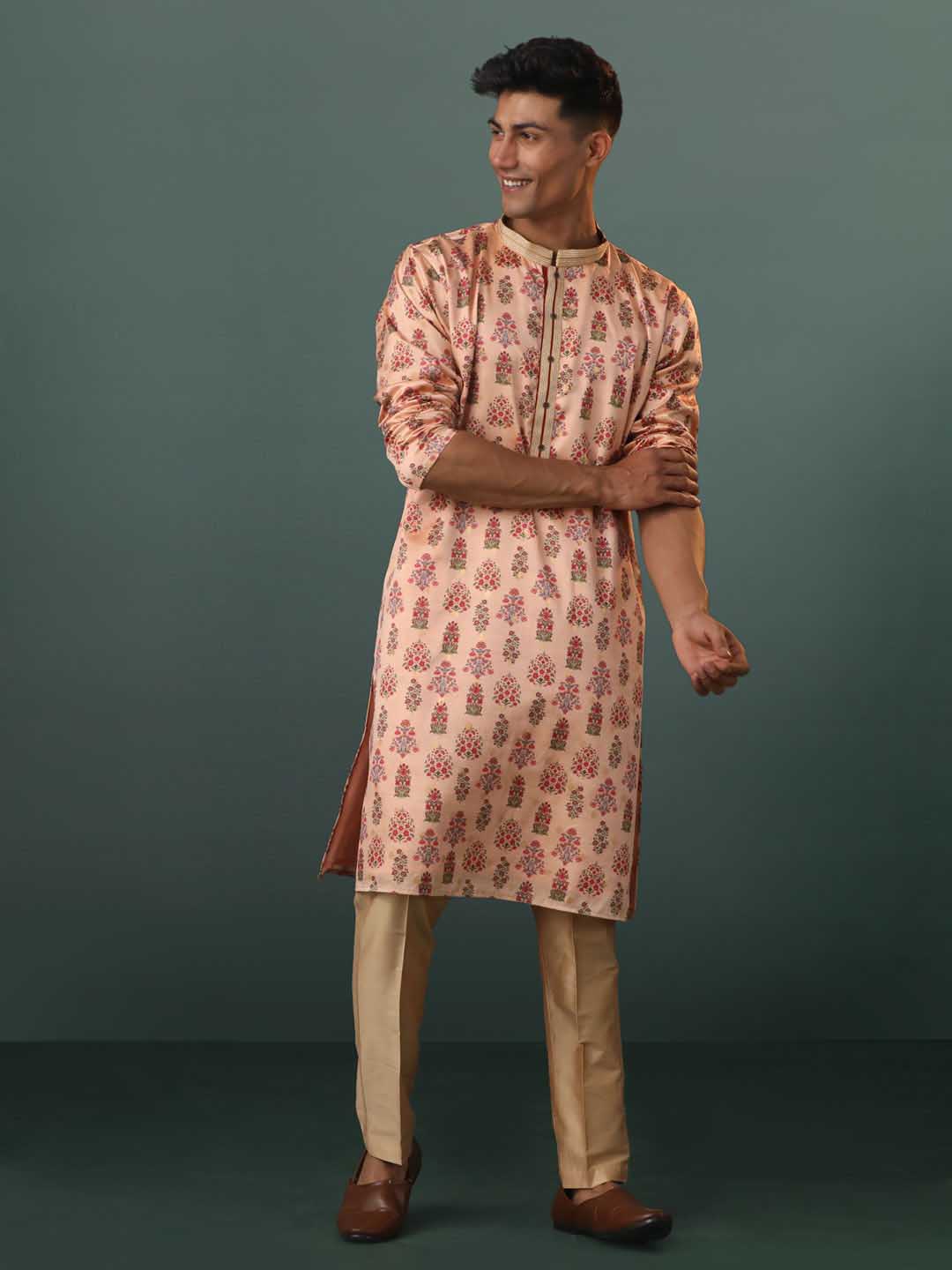 Sarvati Men's Peach Silk Blend Floral Printed Kurta With Pant Set