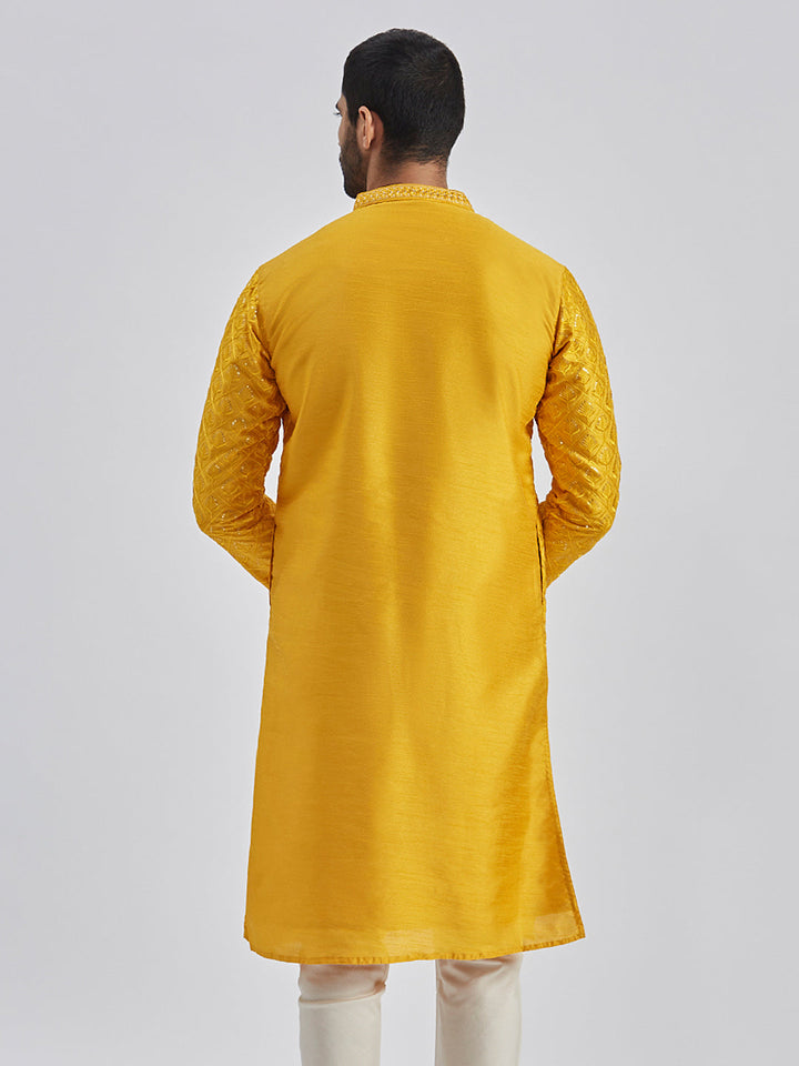Men's Yellow Silk Blend Kurta