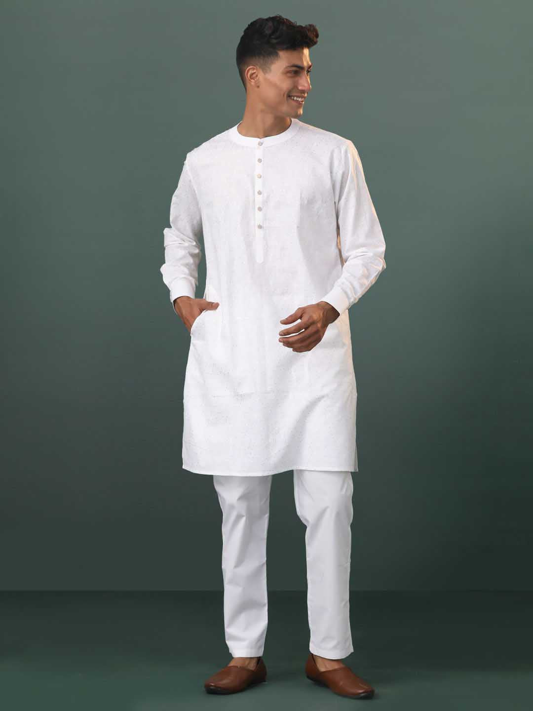 Sarvati Mens White Cotton Embellished Kurta Pyjama Set