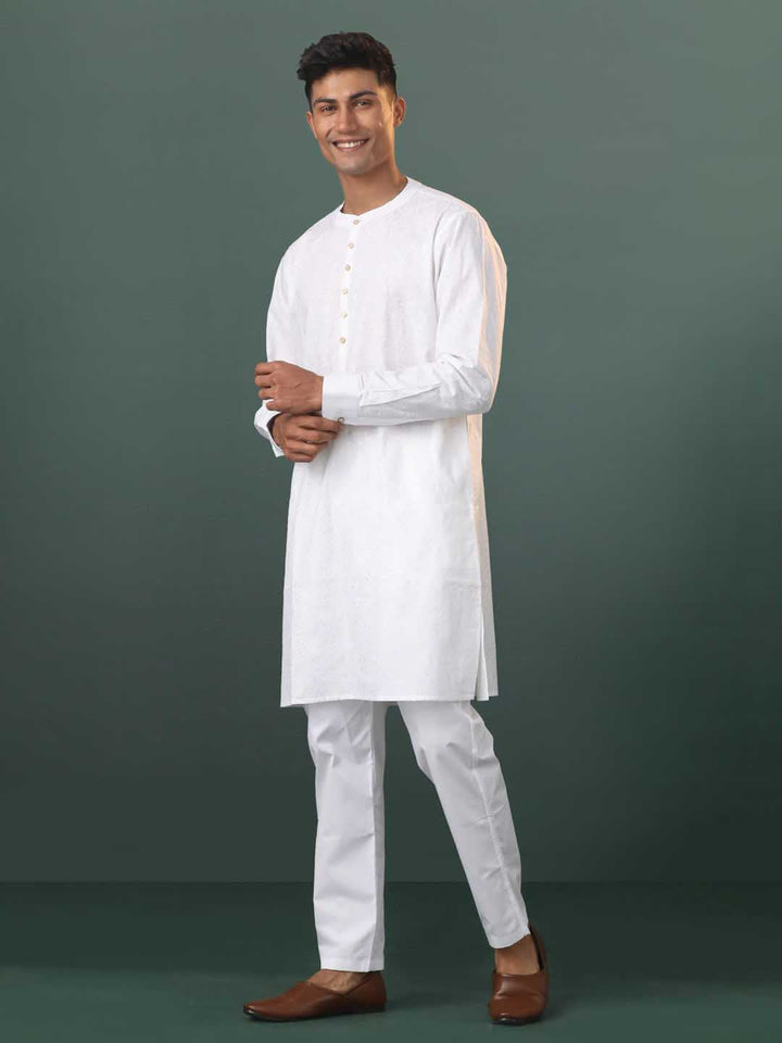 Sarvati Mens White Cotton Embellished Kurta Pyjama Set