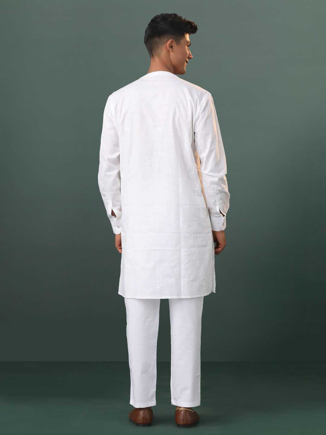 Sarvati Mens White Cotton Embellished Kurta Pyjama Set