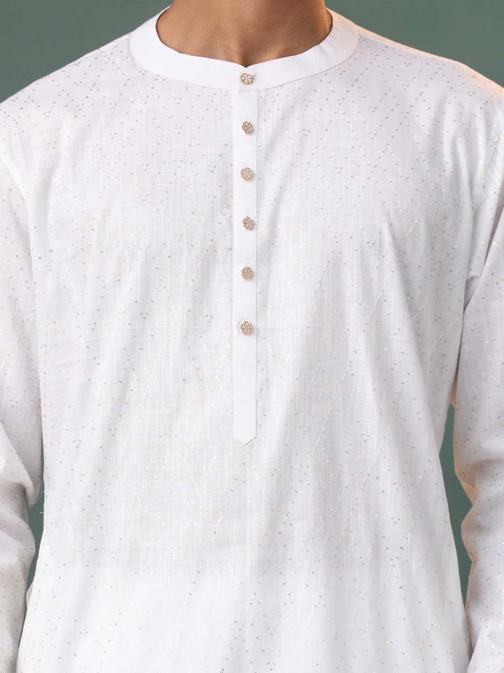 Sarvati Mens White Cotton Embellished Kurta Pyjama Set