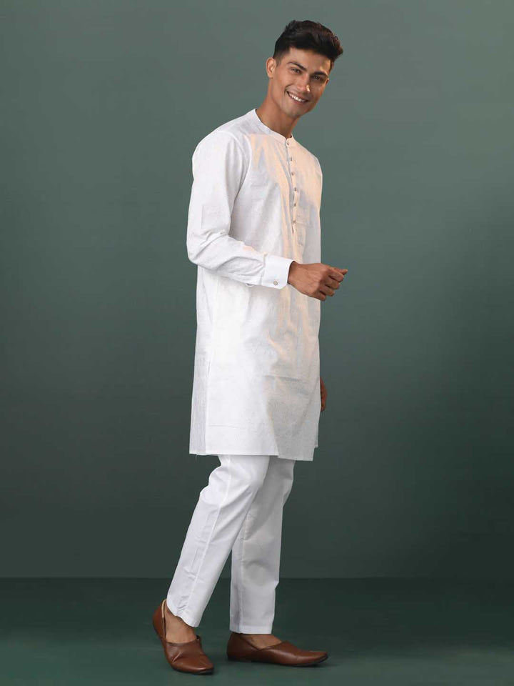 Sarvati Mens White Cotton Embellished Kurta Pyjama Set