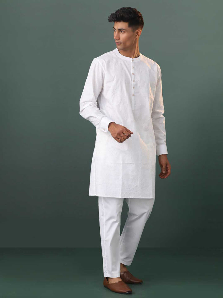 Sarvati Mens White Cotton Embellished Kurta Pyjama Set