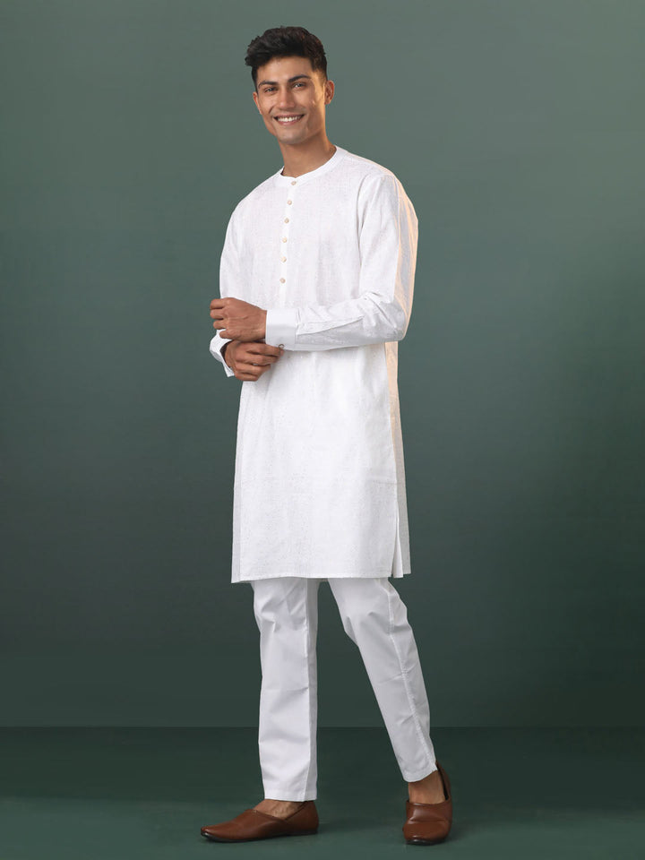 Sarvati Mens Cream Cotton Embellished Kurta Pyjama Set