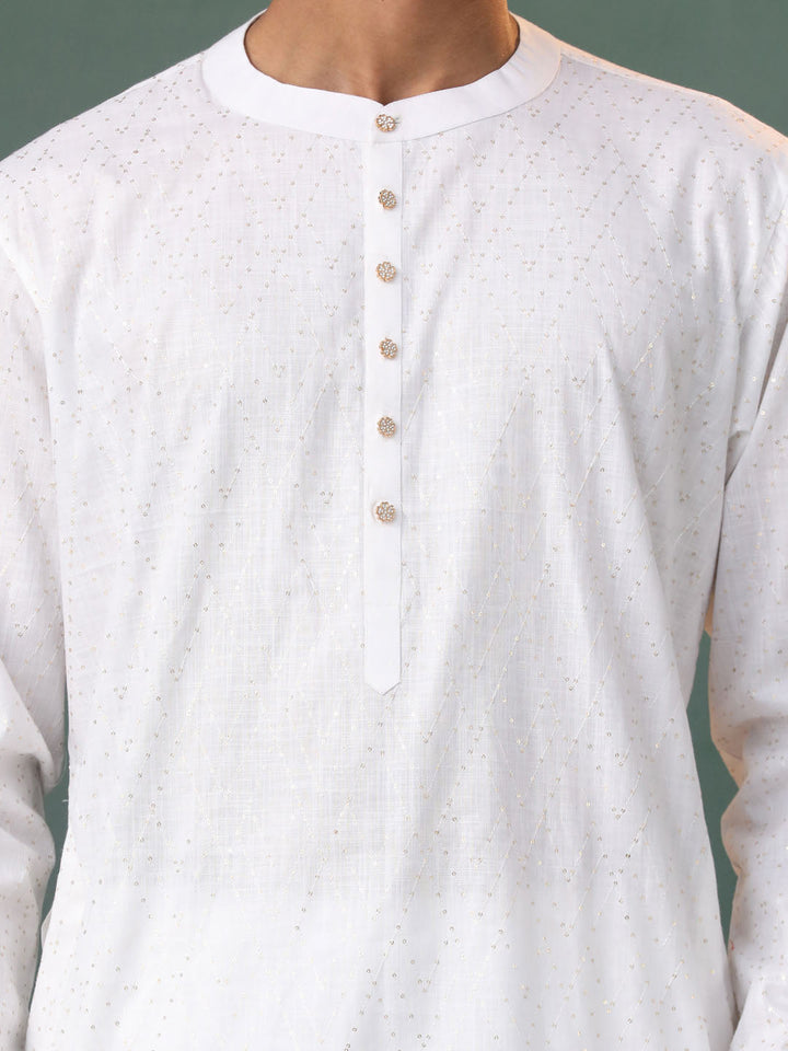 Sarvati Mens Cream Cotton Embellished Kurta Pyjama Set