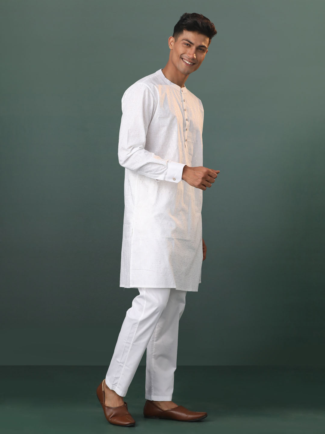 Sarvati Mens Cream Cotton Embellished Kurta Pyjama Set