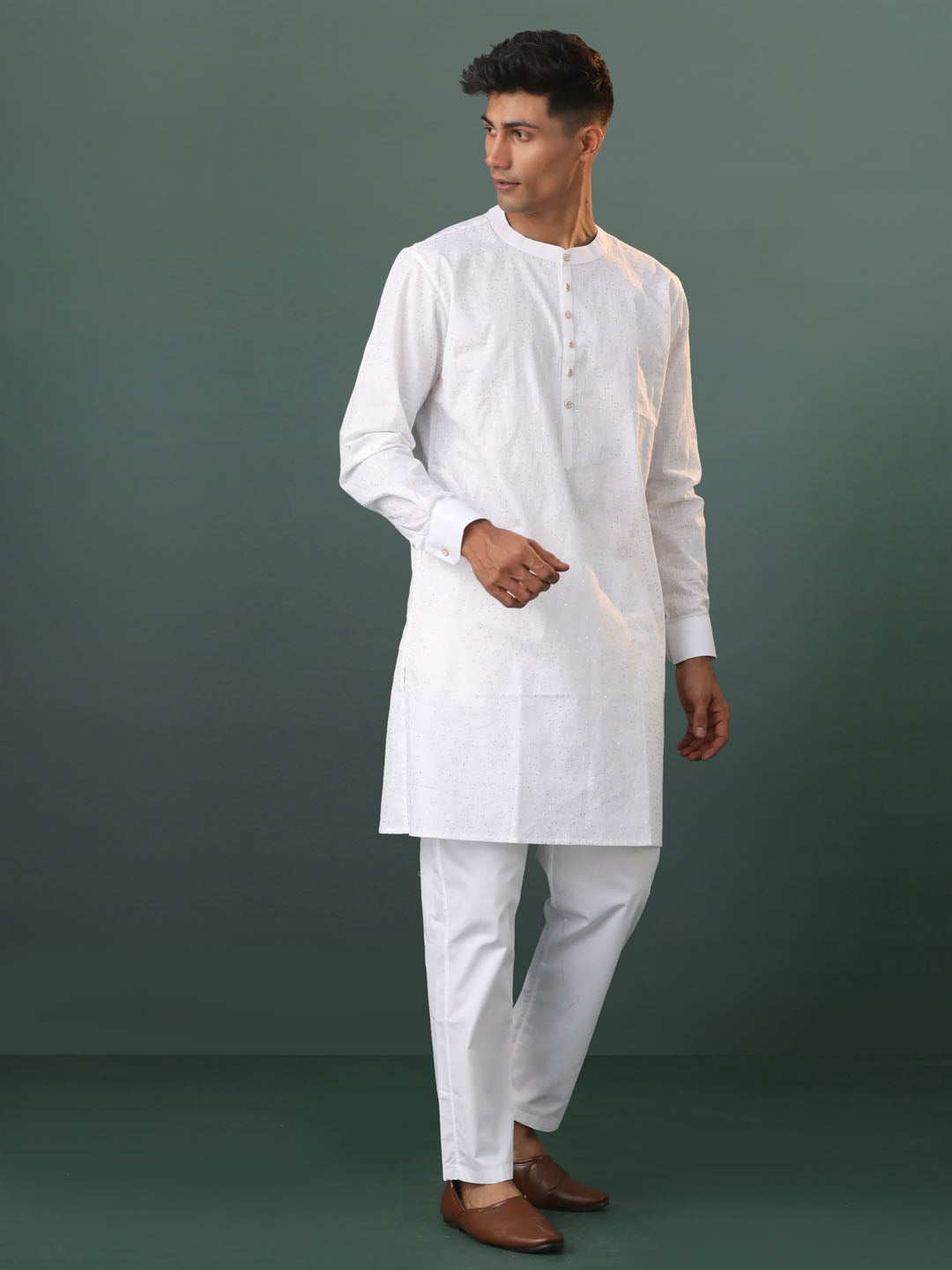 Sarvati Mens Cream Cotton Embellished Kurta Pyjama Set