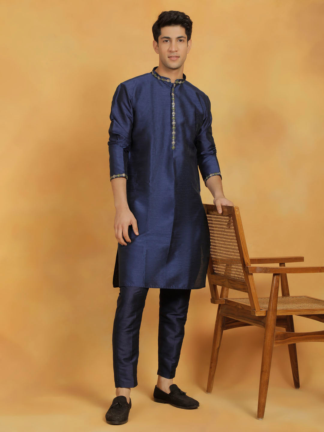 Sarvati Men's Navy Blue Dupion Silk Kurta Pyjama Set