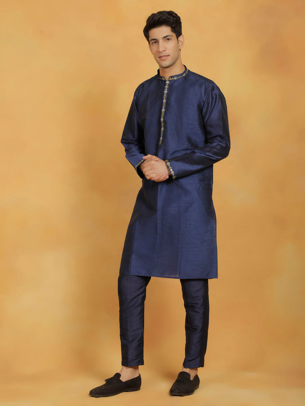 Sarvati Men's Navy Blue Dupion Silk Kurta Pyjama Set