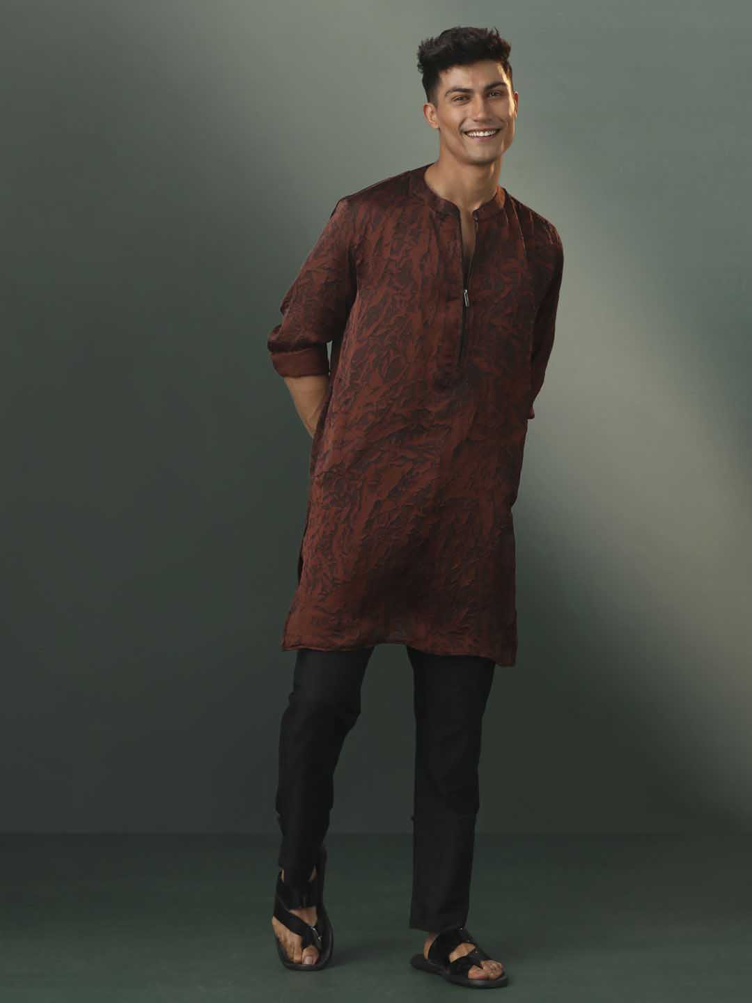 Sarvati Men's Brown And Black Printed Cotton Blend Kurta Pyjama Set