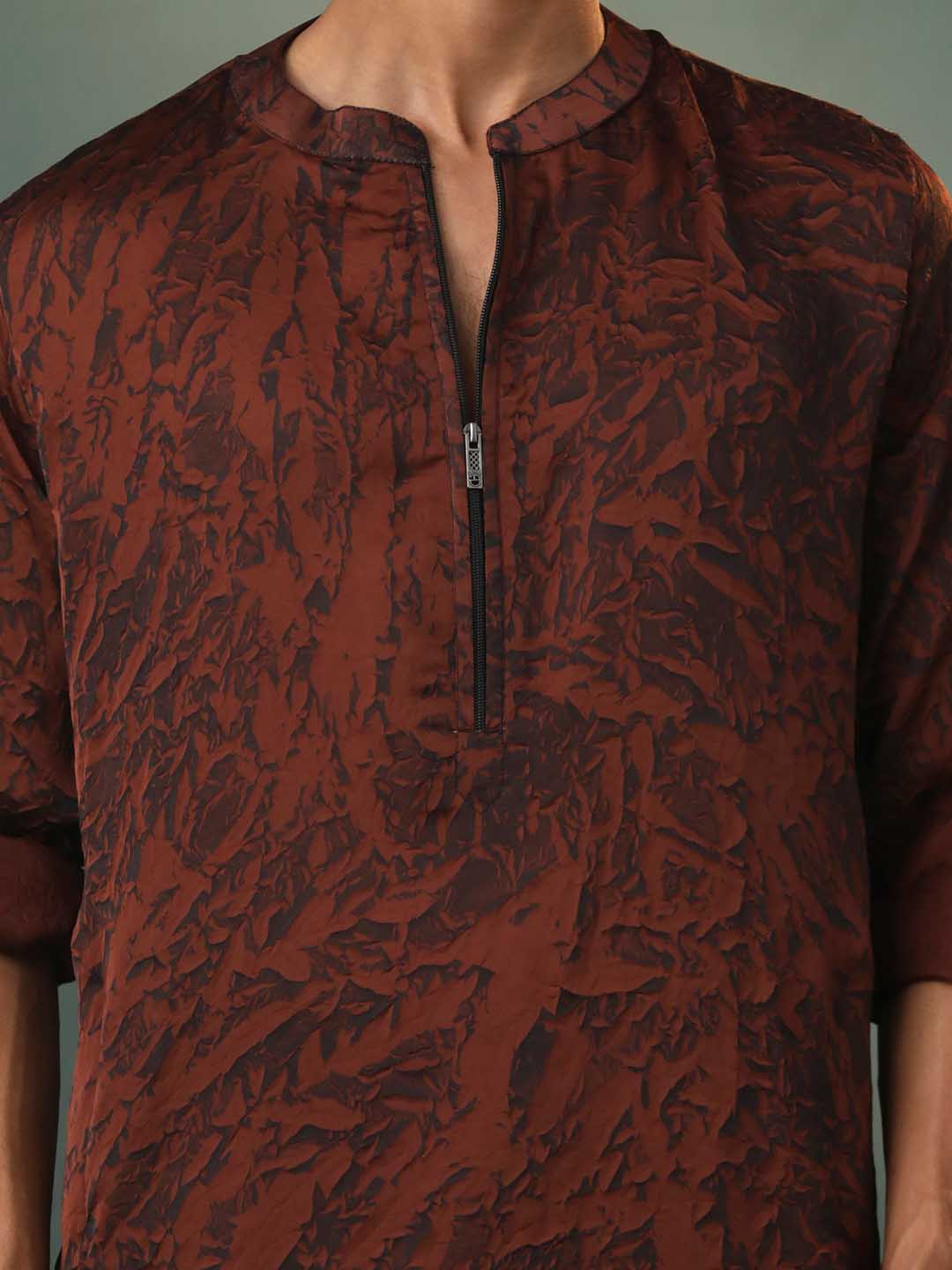 Sarvati Men's Brown And Black Printed Cotton Blend Kurta Pyjama Set