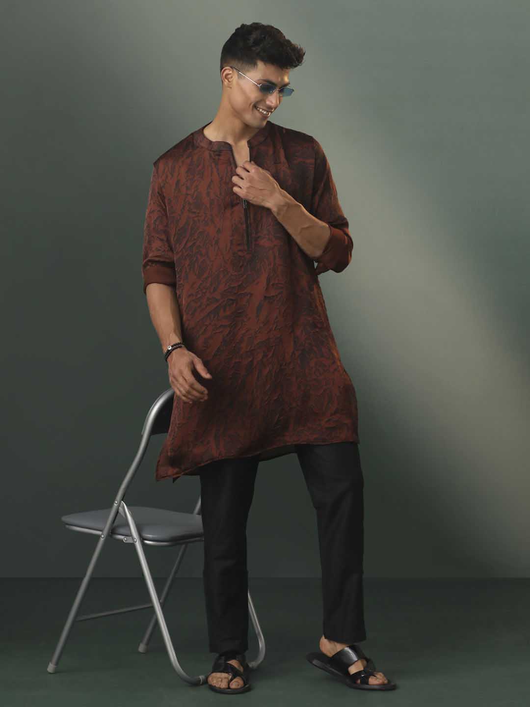 Sarvati Men's Brown And Black Printed Cotton Blend Kurta Pyjama Set