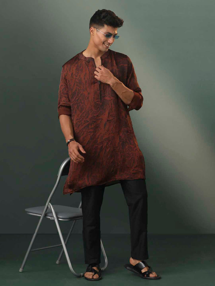 Sarvati Men's Brown And Black Printed Cotton Blend Kurta Pyjama Set