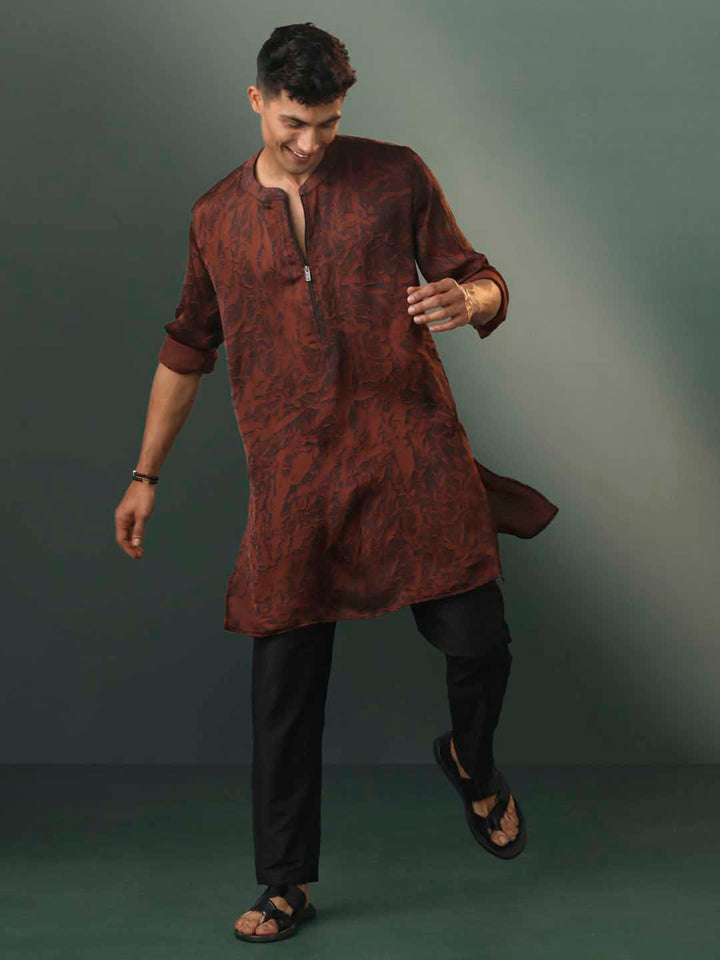 Sarvati Men's Brown And Black Printed Cotton Blend Kurta Pyjama Set