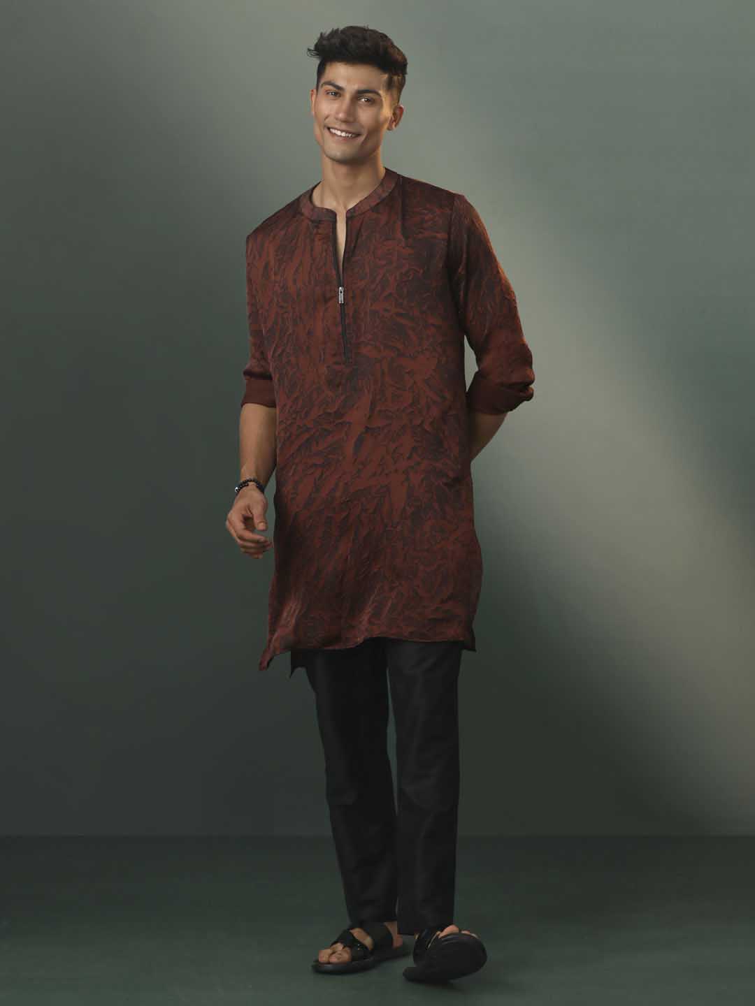 Sarvati Men's Brown And Black Printed Cotton Blend Kurta Pyjama Set