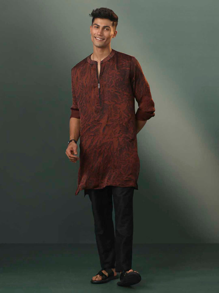 Sarvati Men's Brown And Black Printed Cotton Blend Kurta Pyjama Set