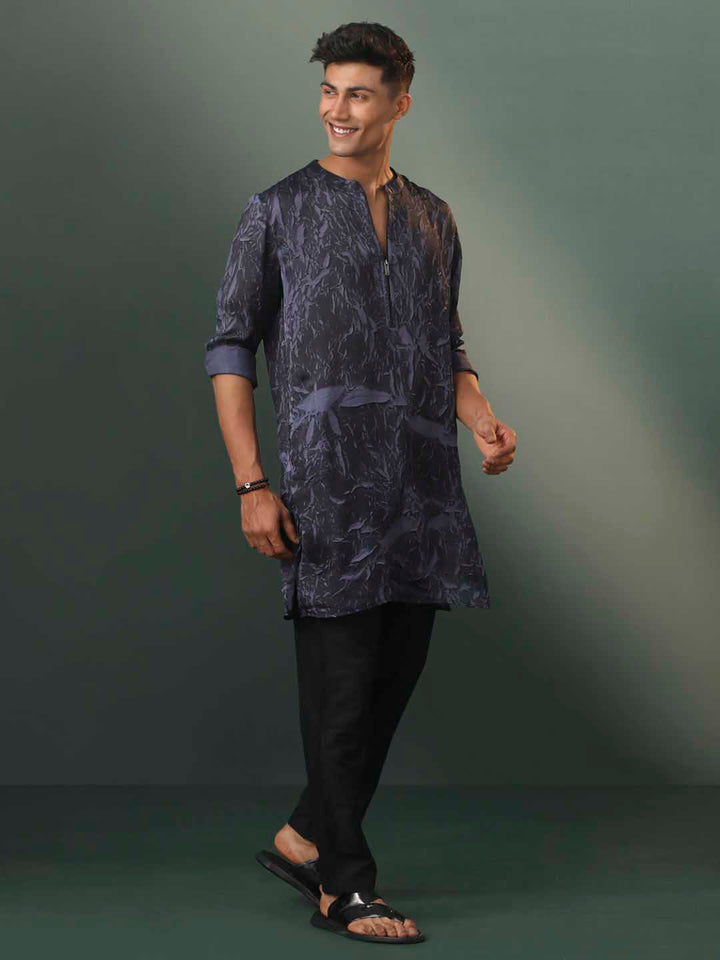 Sarvati Men's Grey And Black Printed Cotton Blend Kurta Pyjama Set